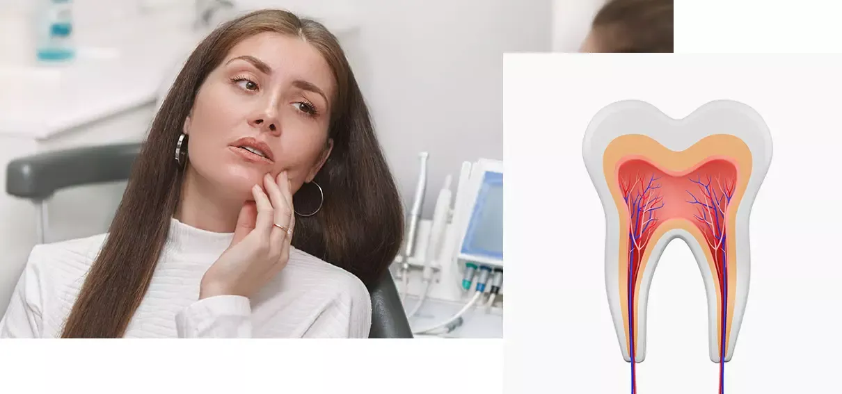 Woman experiencing tooth pain and model of tooth root